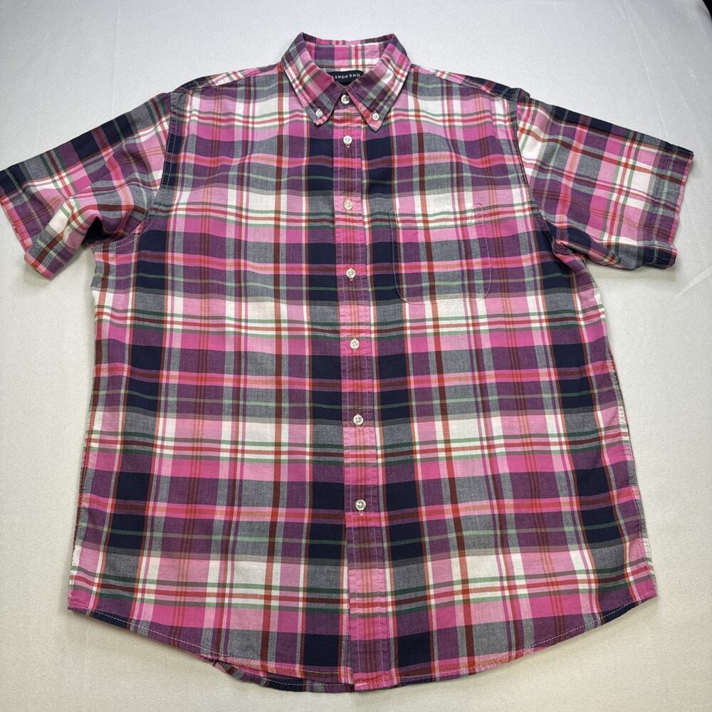 Lands End Traditional Fit Short Sleeve Madras Shirt Pink Plaid Size M #0216